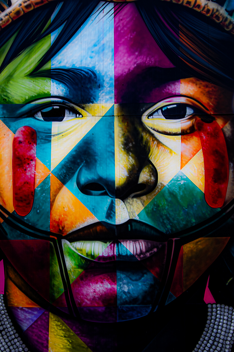 Mixed media mural blending graffiti and fine art styles